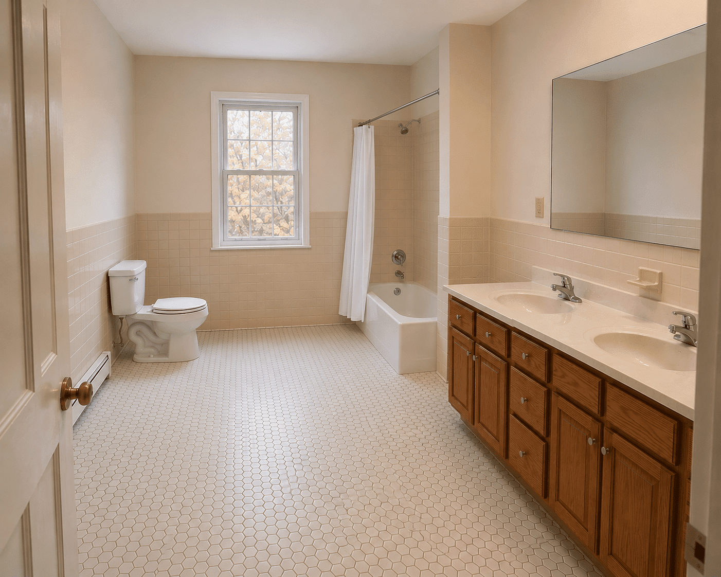Before — dated beige bathroom in Chevy Chase, MD