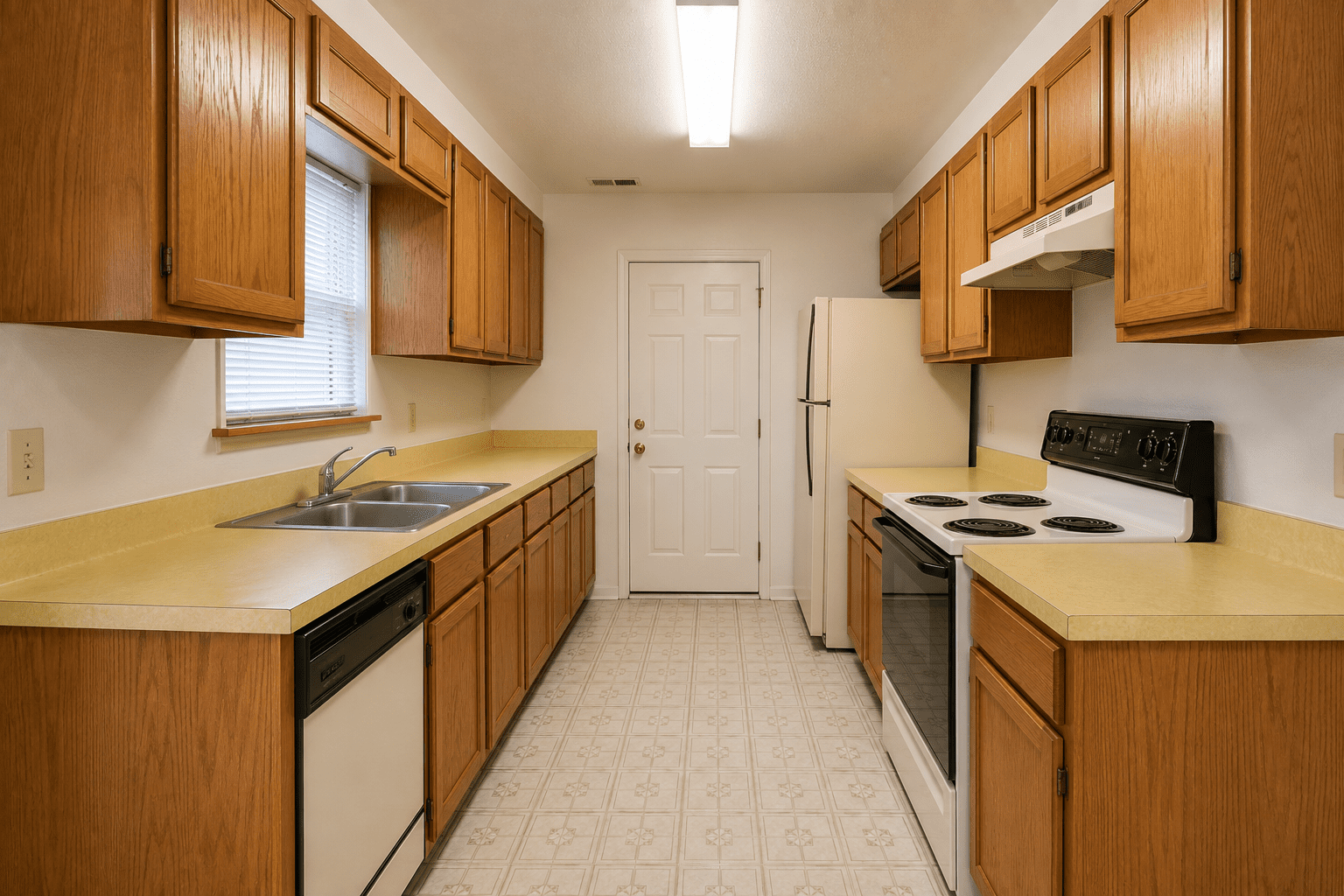 Before — oak galley kitchen with yellow counters in Gaithersburg, MD