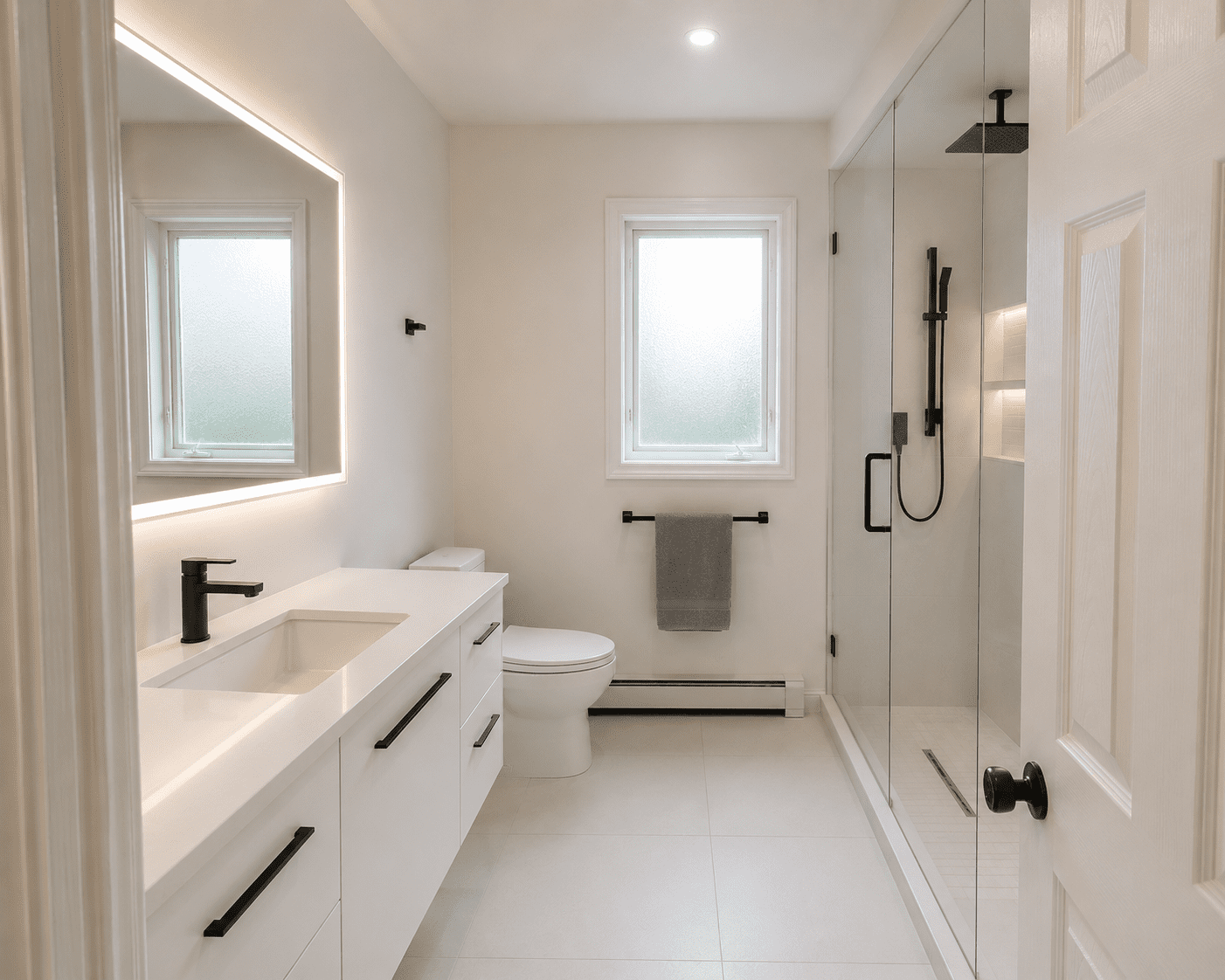 After — modern white bathroom in Germantown, MD